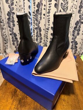 Stuart Weitzman Allshine 60 Crystal Heel Booties Black Stretch Nappa Leather 7b